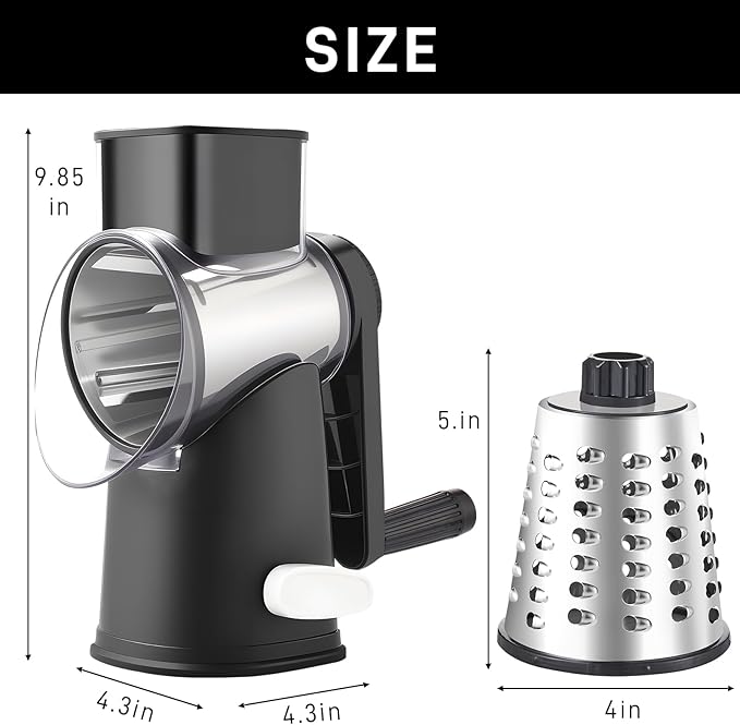 Rotary Cheese Graters with 4 Blades, Hand Crank Cheese Grater with Waffle Slicer, Red, Black and White Cheese Shredder with Suction Base, Easier for Shredding & Grating (Black, 4 Graters)