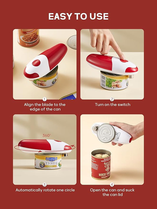 Electric Can Opener, Reemix Battery Operated Can Opener Fits Alomost All Can Sizes, Simple One Touch-Operation, Automatic, Hand Free, Smooth Edge (battery not included), Red