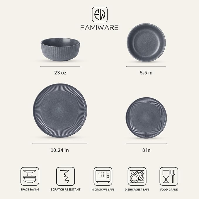 Famiware Starlight Dinnerware Sets, Plates and Bowls Dish Set of 4 (12 Pieces), Ribbed Textured Tableware - Dishwasher & Microwave Safe, Chip Resistant, Reactive Glaze, Matte Midnight Grey