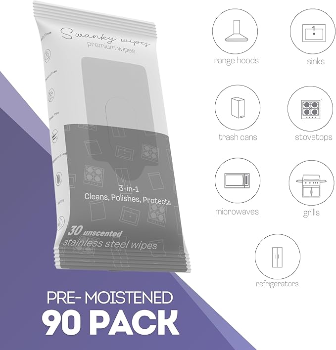 Swanky Stainless Steel Cleaner Wipes - Grime & Grease Remover Kitchen Cleaning Supplies - Clean & Shine, For Stove Top, Refrigerator, Sink, Oven, & Household Appliances - Soft Wipes, 90 Count
