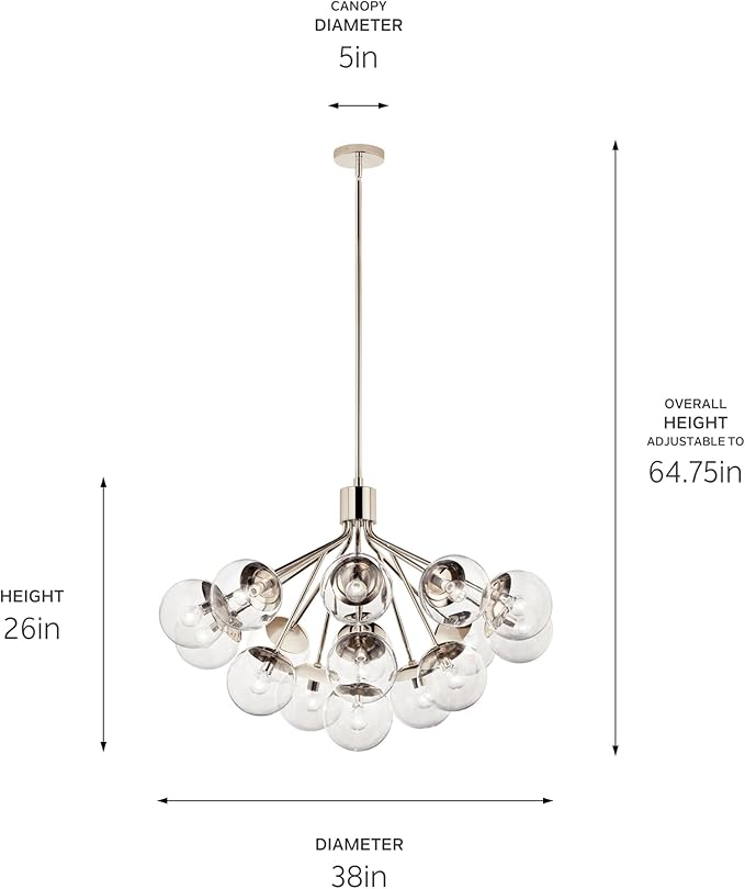 KICHLER Silvarious 16-Light Convertible Chandelier, Soft Modern Light with Clear Glass in Polished Nickel, for Dining Room, Living Room or Foyer (26" x 38"), 52702PNCLR