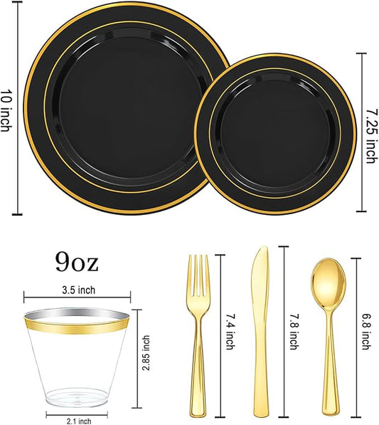 bUCLA 150 Pieces Black and Gold Disposable Dinnerware Set - 25 Guests Black Gold Plastic Plates Include 25 Dinner & 25 Dessert Plates, 25 Spoons, 25 Forks, 25 Knives, 25 Cups for Party & New Year