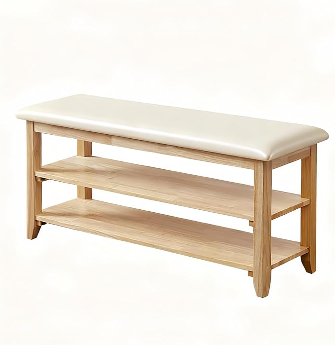 Shoe Bench Storage with Leather Cushion, Rustic Solid Wood Entryway Bench with 2 Height-Adjustable and Removable Shelves for Hallway, Living Room, Mudrooms (Natural Wood,39.4")