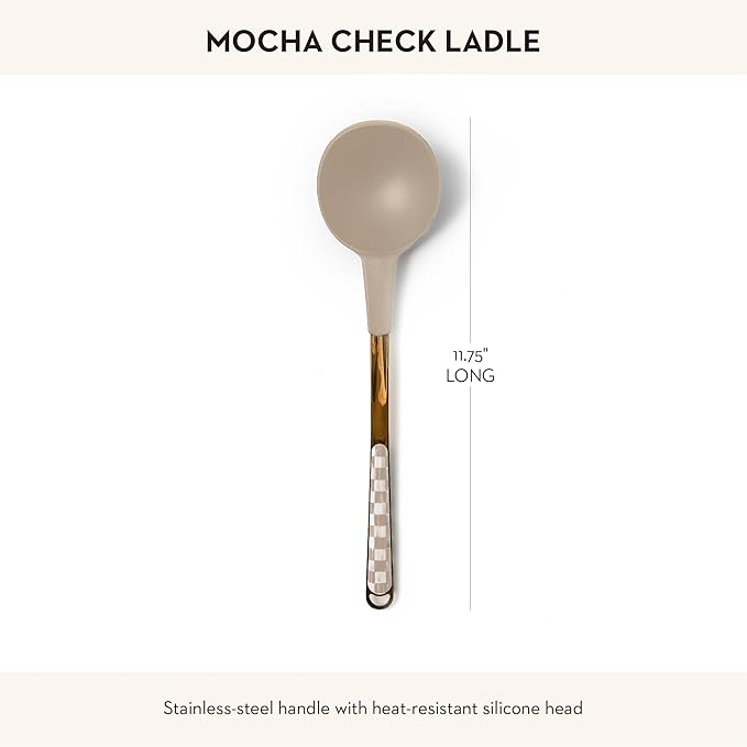 MACKENZIE-CHILDS Kitchen Ladle, Silicone Ladle Spoon for Cooking, Brown-and-White Mocha Check