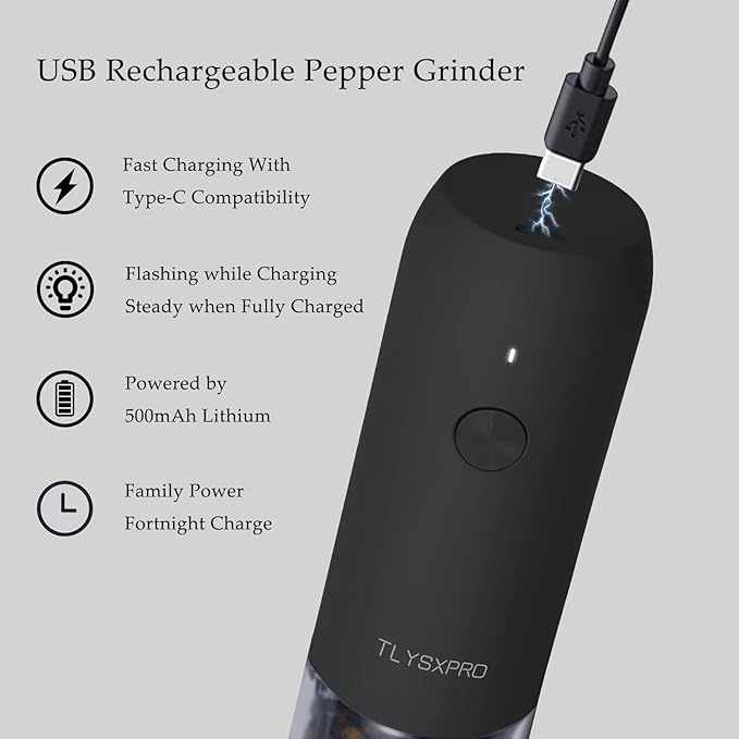 Electric Pepper Grinder, USB Rechargeable, Automatic Pepper Shaker, Adjustable Coarseness, Electric Pepper Mill, LED Light, Refillable, Kitchen Gadget (1-Pack, Black)