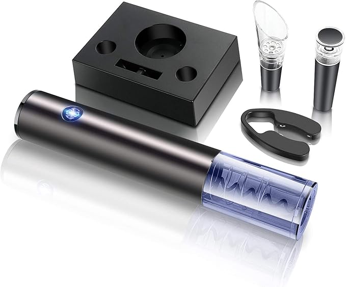 Electric Wine Opener Gift Set with Power Dock-Automatic Rechargeable Bottle Corkscrew-Foil Cutter, Aerator Pourer, Vacuum Wine Stopper - Present Housewarming, Christmas & Birthday