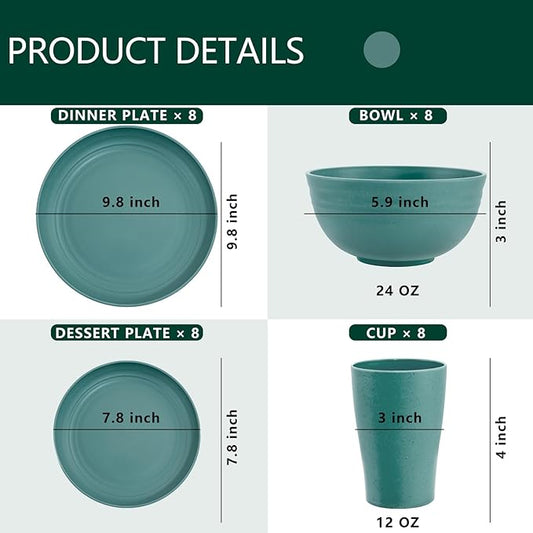 Supernal 32pcs Wheat Straw Dinnerware Sets,Dinnerware Sets for 8,Unbreakable Dinnerware,Reusable Tableware,Dark Green Set 16pcs Plates, 8pcs Bowls, 8pcs Cups,Microwave Dishwasher Safe
