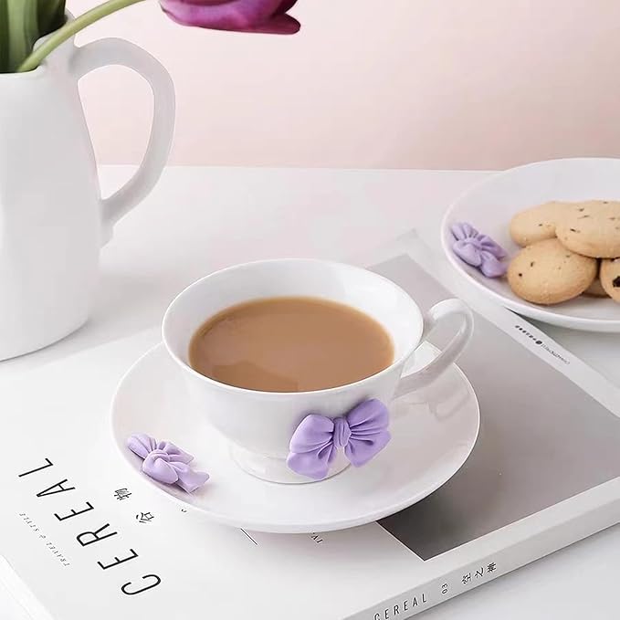 Bow Coffee Mugs Set with Saucer 200 ML Coquette Mug Porcelain Bow Cute Tea Cup Coffee for Women Girl