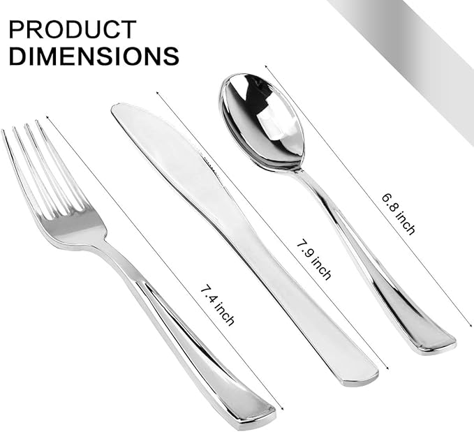 175 Piece Silver Dinnerware Set,25 Silver Rim Plastic Plates, 25 Cups,25 Pre Rolled Napkins with Plastic Silverware, Disposable Dinnerware Set for 25 Guest