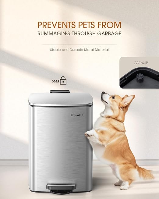 Lovewind Kitchen Trash Can with Lid, 5.2 Gallon/20 L Footstep Garbage Can for Kitchen Bedroom Home Office, 20 Liter Trash Bin Brushed Stainless Steel Waste Bin with Soft-Close Lid,Silver