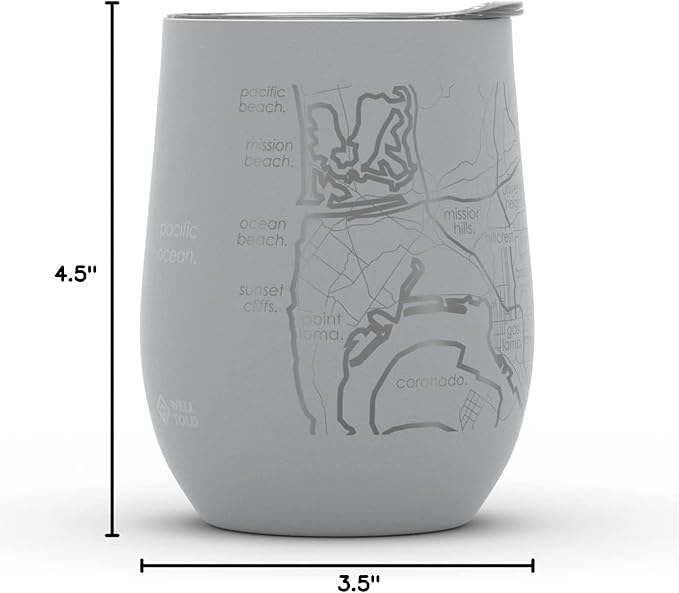 Well Told Engraved San Diego California Map Insulated Wine Tumbler, Etched Stainless Steel Cup (12 oz, Dockside Gray) City Map Insulated Tumbler, Custom Insulated Tumbler, Outdoor Drinkware