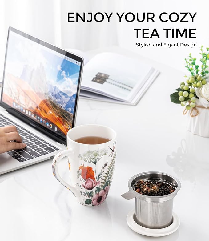 AmorArc Porcelain Tea Mug with Infuser and Lid, 18 Oz Tea Cup with Handle for Loose Leaf Tea, Gift for Tea Lovers of Men and Women