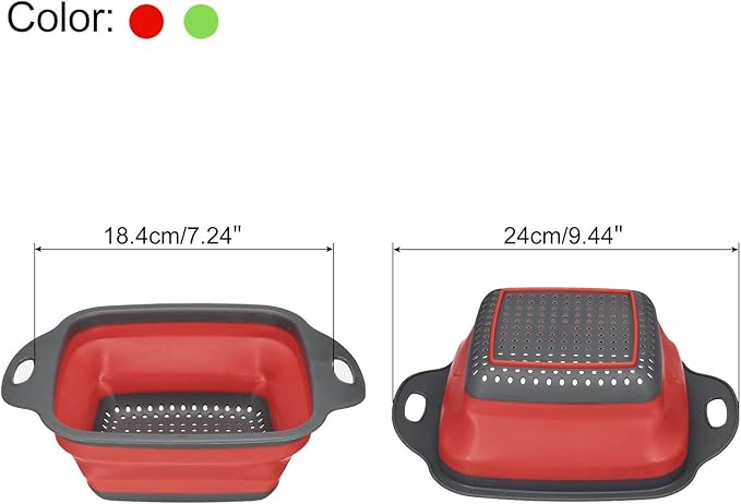 Collapsible Colander Set, 2pcs Silicone Square Foldable Strainer Space Saving Suitable for Pasta, Vegetables, Fruits - Red Green Small