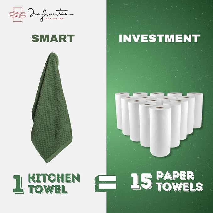 Infinitee Xclusives 100% Cotton Kitchen Towels - 15x25 Inch Ultra Soft Tea Towel, Super Absorbent Terry Dish Towels for Kitchen Linens |Green|