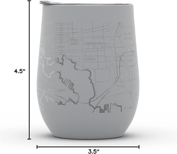Well Told Engraved Baltimore Maryland Map Insulated Wine Tumbler, Etched Stainless Steel Cup (12 oz, Dockside Gray) City Map Insulated Tumbler, Custom Insulated Tumbler, Outdoor Drinkware