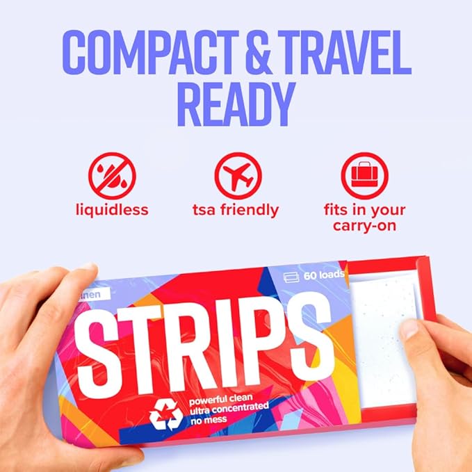 STRIPS Laundry Detergent Sheets Unscented (30ct, 60 loads) Fragrance Free Eco Liquidless Soap, Travel-Friendly, Dissolves in Hot & Cold, Hypoallergenic, Tackles Tough Stains & Odors