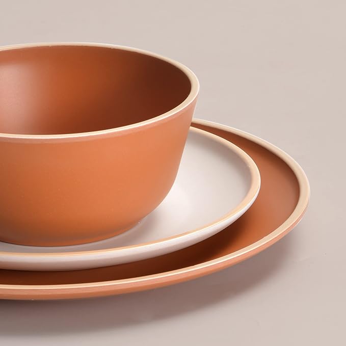 Melamine Dinnerware Sets 12pcs, Plates and Bowls for 4, Unbreakable Dinnerware Sets, Ideal Dinnerware for Party, Unbreakable, BAP free, Dishwasher Safe, Red Color (Terracotta Color)