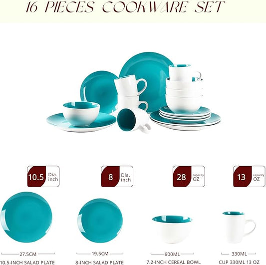 Stoneware Coupe Shape 16pc Dinnerware Set, Outside White + Inside Turquoise