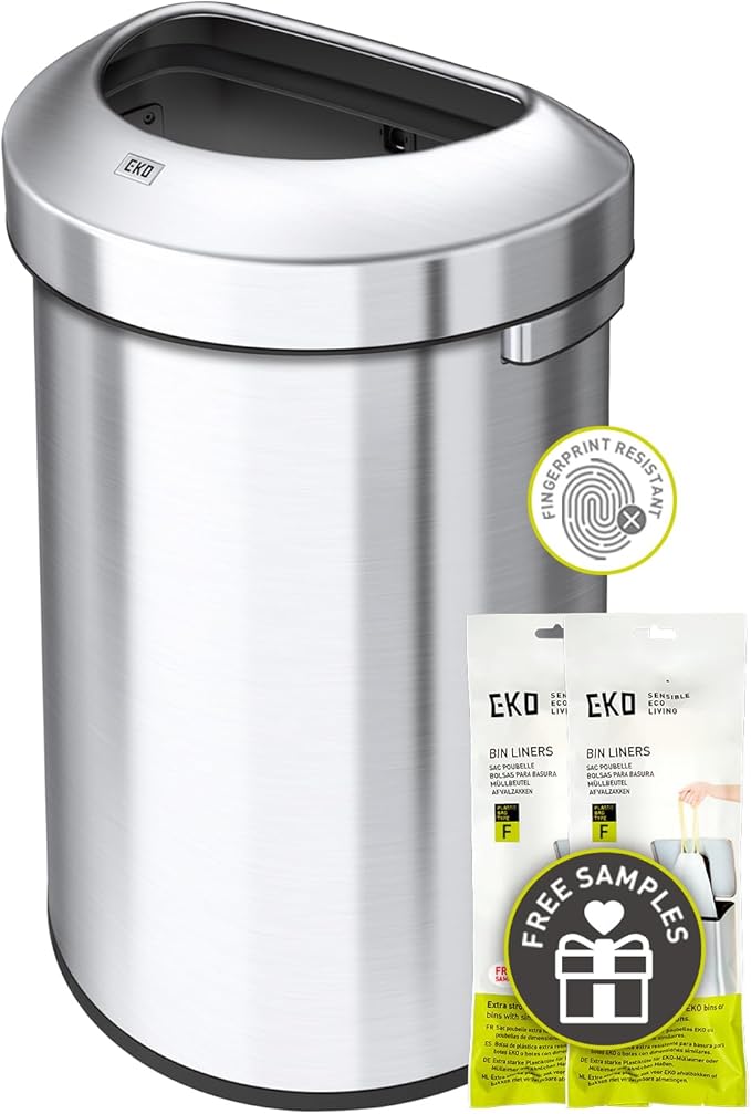 EKO Urban 16 Gallon Semi-Round Open Top Waste Bin, Stainless Steel Half Round Commercial Trash Can for Indoor and Outdoor, Extra Large Metal Garbage Bin for Home, Office, Restaurant, Restroom, 60L