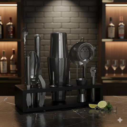 Highball & Chaser 13-Piece Gunmetal Black Stainless Steel Boston Cocktail Shaker Bar Tool Set with Mixology Bartender Kit Accessories