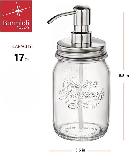 Bormioli Rocco Quattro Stagioni Soap Dispenser, 17 Oz - Stainless Steel Multifunctional Lid, Stain Resistant - Use as Soap, Lotion, Cocktail, Grater - Durable Dishwasher Safe Glass Jar