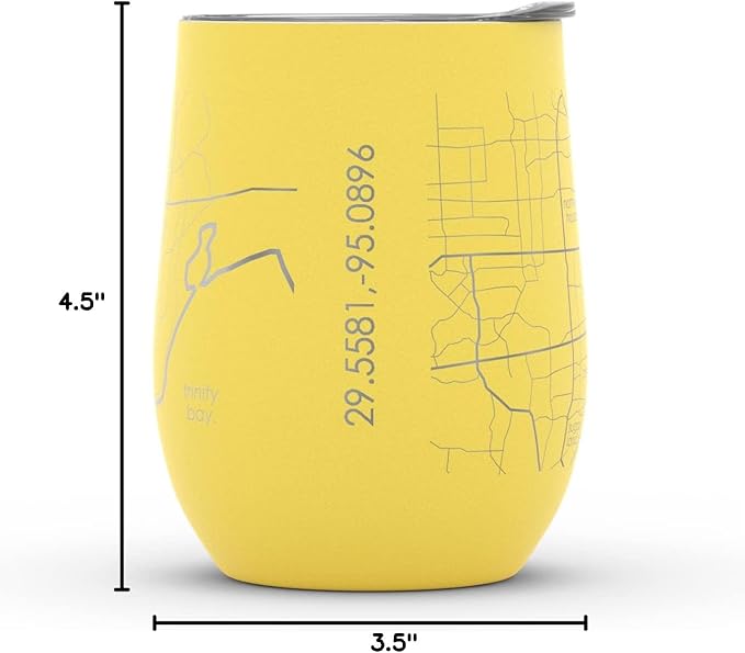Well Told Engraved Houston Texas Map Insulated Wine Tumbler, Etched Stainless Steel Cup (12 oz, Sunrise Yellow) City Map Insulated Tumbler, Custom Insulated Tumbler, Outdoor Drinkware