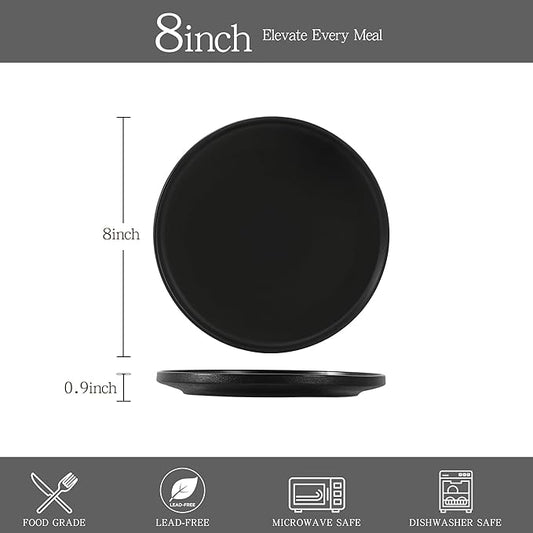 Stoneware Salad Plates Set of 4, 8 Inch Plates for Dessert, Ceramic Plates Sets, Microwave Safe, Dishwasher Safe, Versatile for All Seasons, Matte Black