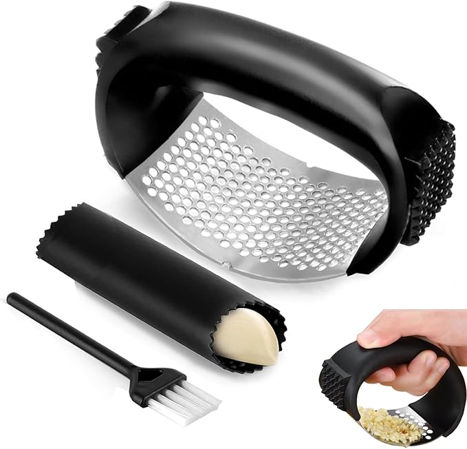 Garlic Press Rocker Set,Stainless Steel Garlic Mincer Tool with Garlic Peeler and Cleaning Brush Kitchen Gadgets Essentials Garlic Chopper