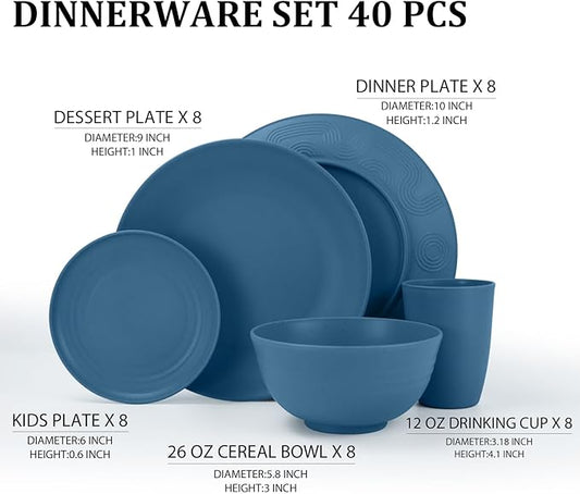 40-Piece Wheat Straw Dinnerware Sets,Unbreakable Dishes Set for 8 - Drinking Cups, Plates and Bowls Sets, Reusable Microwave Safe Dinnerware Set for Home, Outdooor, RVs - Blue