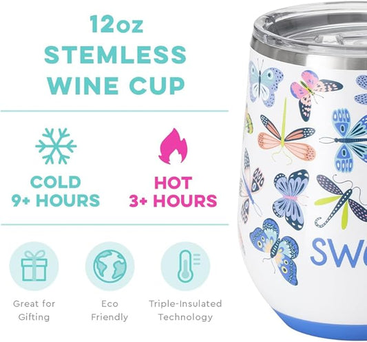 Swig Life 12oz Wine Tumbler with Lid, Stainless Steel, Dishwasher Safe, Portable, Triple Insulated Wine Tumbler (Butterfly Bliss)