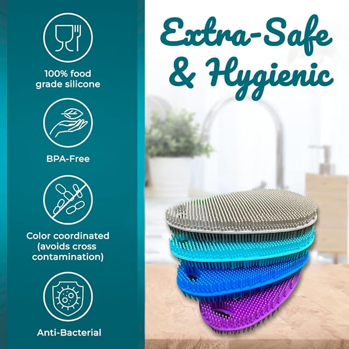 Food Grade Silicone Dish Scrubber - BPA-Free Kitchen Scrubbers for Dishes and Housecleaning (4-Pack Ovals)