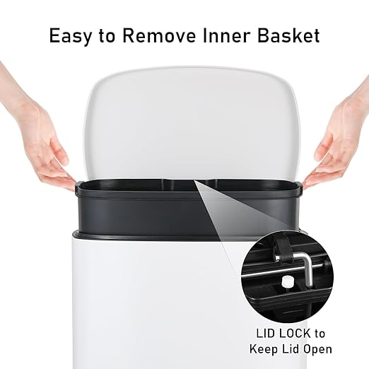 Arlopu 13.2+1.3 Gallon Step Trash Can, Stainless Steel Garbage Bin, Soft-Close Rubbish Bin with Removable Plastic Inner Bucket, Fingerprint-Proof, Lid Dustbin, for Kitchen Home (White)