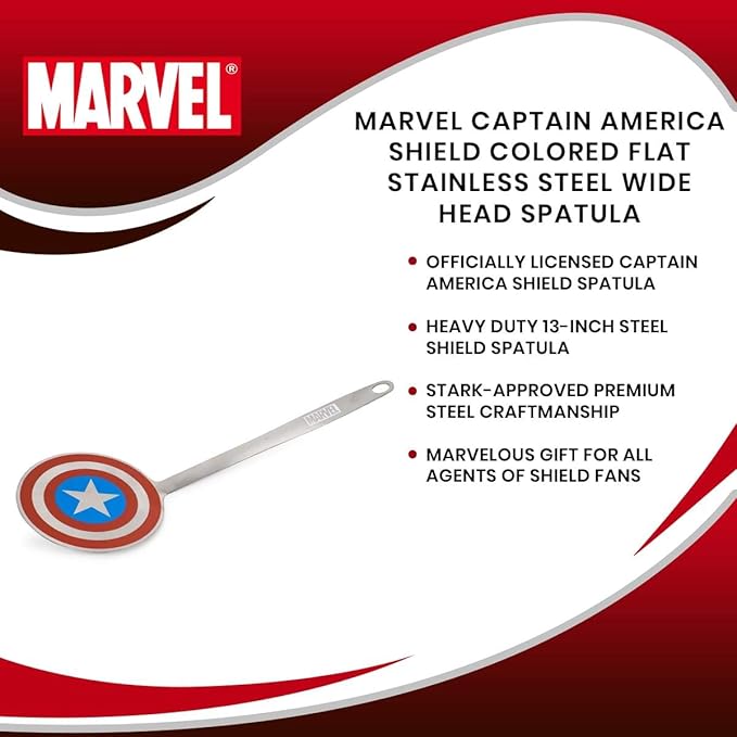 Marvel Captain America Shield Colored Flat Stainless Steel Spatula - Heavy Duty Wide Head Kitchen Cooking Flipper or Turner for Hamburger, Egg, Pancake & Sandwich - Perfect for Grills or Griddles