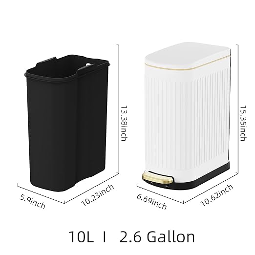 2.6 Gallon Slim Bathroom Trash Can with Soft Close Lid, 10L Stainless Steel Garbage Can with Removable Liner Bucket, for Narrow Spaces, Bathroom, Bedroom (White)