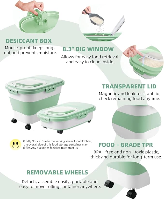20-30 Lbs Rice Storage Container,Collapsible Food Storage Containers with Rolling Wheel Airtight Locking Lid,Flour Storage Container with Cup and Scoop,Suitable for Food,Rice,Pet Food,Flour