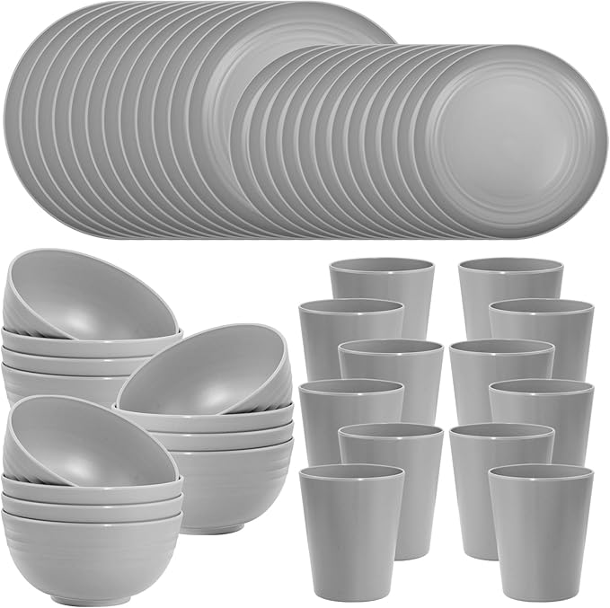 LIYH 48 Pcs Grey Plastic Wheat Straw Dinnerware Set - Plates and Bowls Sets, Camping Dish Set for 12, Unbreakable Dishwasher Safe Wheat Straw Plates Bowls Reusable 12 Guests