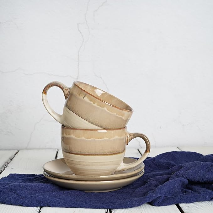 Bosmarlin Ceramic Cappuccino Cup and Saucer Set of 2, 10 Oz, Coffee Cups for Latte, Espresso, Tea, Dishwasher and Microwave Safe, Reavtive Glaze (Brown Grey)