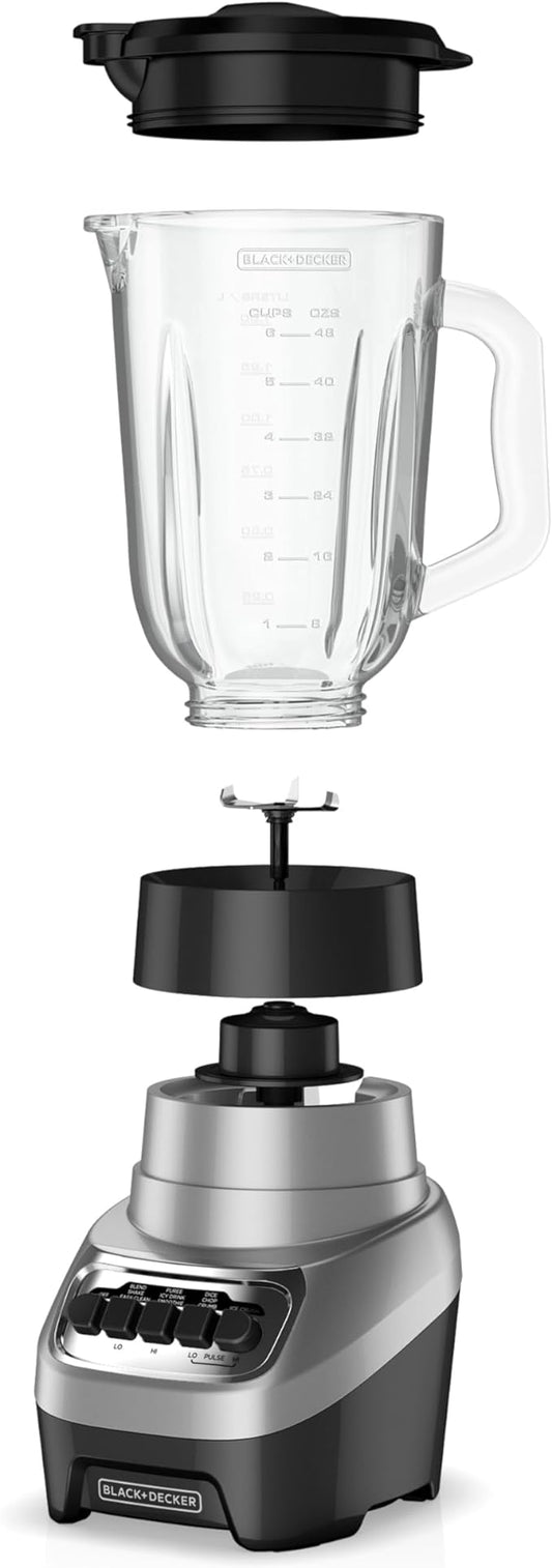 BLACK+DECKER PowerCrush Multi-Function Blender with 6-Cup Glass Jar, 4 Speed Settings, Silver
