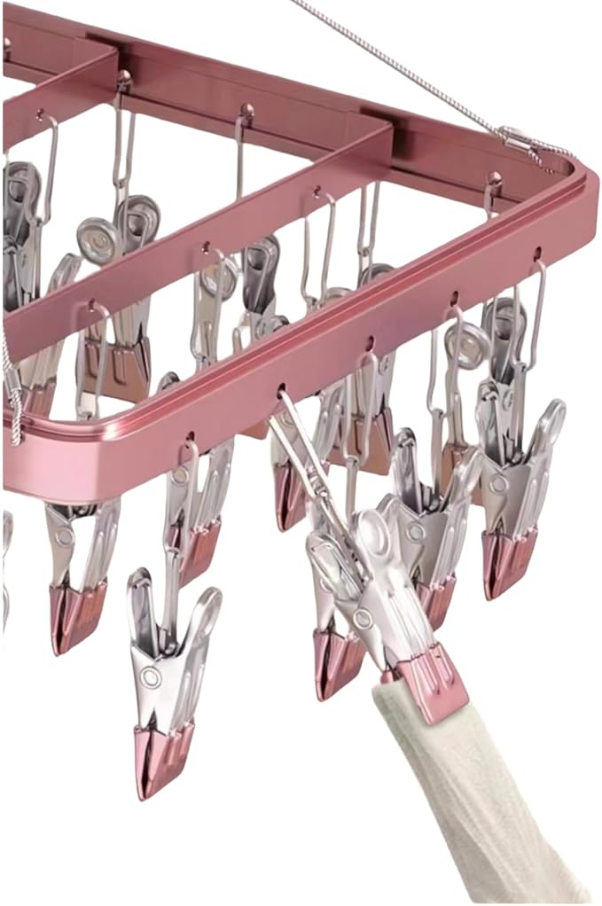 Clothes Drying Racks Clip Hangers Metal with 36 Clips Windproof Hook Underwear Hanger Foldable Laundry Clip for Socks Bras (Pink)