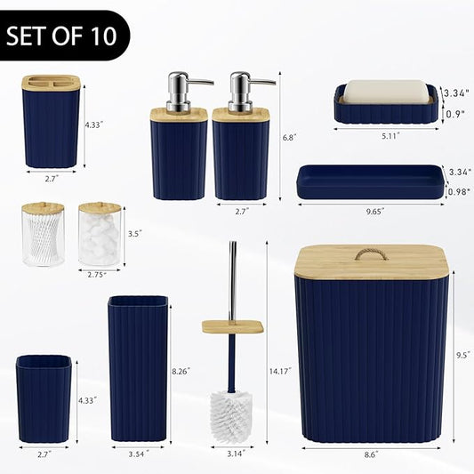 Bathroom Accessories Set - 10PC Bathroom Sets, Navy Blue Bathroom Set, Bathroom Accessories Set, Toilet Brush, Bathroom Trash Can & Soap Dispenser