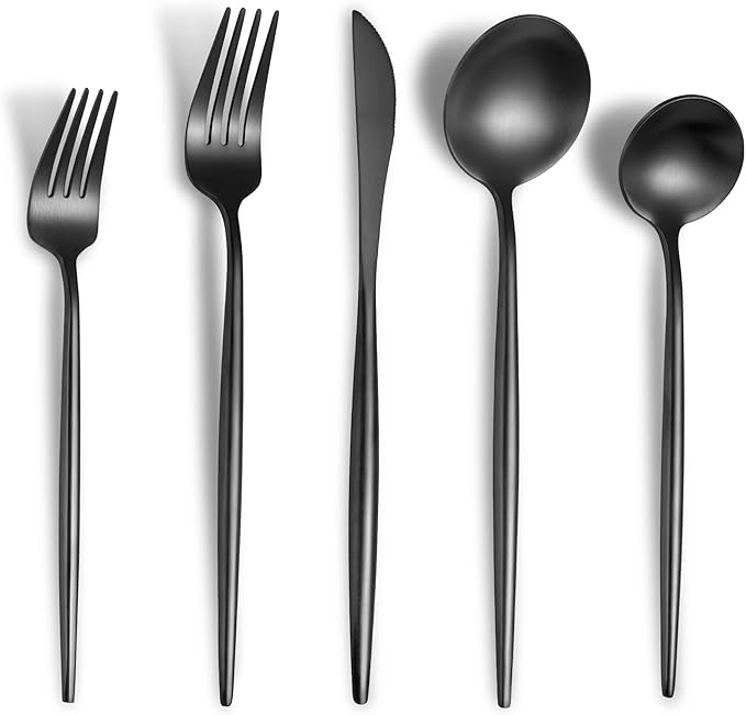 Lemeya Matte Black Silverware Set for 6,Modern Stainless Steel Brushed Cutlery Set,30-Pieces Heavy Duty Flatware Set,Knives Spoons and Forks Set Utensils Set, Satin Finish, Dishwasher Safe