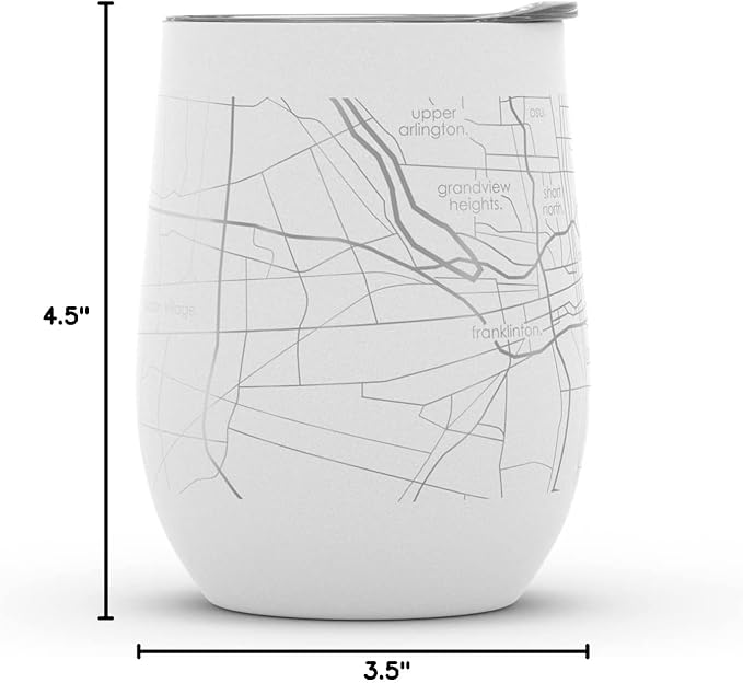 Well Told Engraved Columbus Ohio Map Insulated Wine Tumbler, Etched Stainless Steel Wine Tumbler (12 oz, White) City Map Insulated Tumbler, Custom Insulated Tumbler, Outdoor Drinkware
