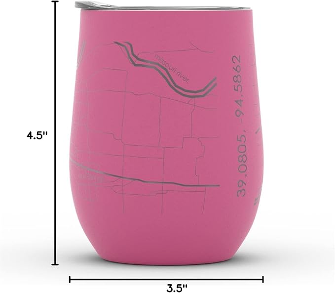 Well Told Engraved Kansas City Missouri Map Insulated Wine Tumbler, Etched Stainless Steel Cup (12 oz, Sunset Pink) City Map Insulated Tumbler, Custom Insulated Tumbler, Outdoor Drinkware