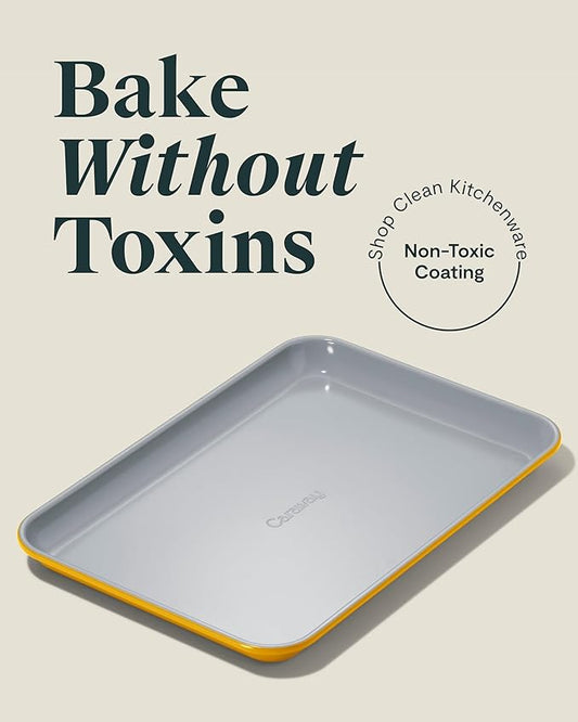 Caraway Nonstick Ceramic Small Baking Sheet Duo (9x13β) β Non-Toxic, PTFE & PFOA Free β Oven Safe β Aluminized Steel Core β Mini Sheet Pan for Baking, Roasting & More - Marigold
