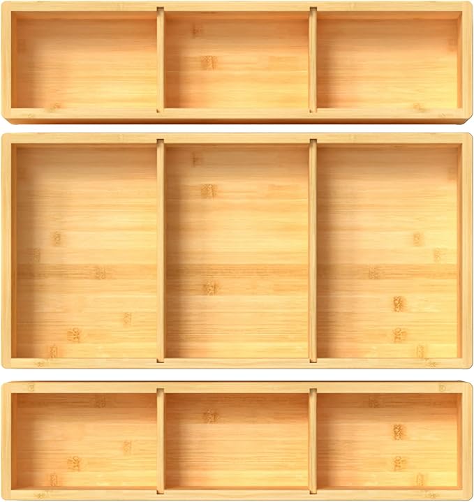 Bamboo Drawer Organizer 12.5'' X 12.5'' X 2'', Adjustable 3 Individual Junk Drawer organizer for Bathroom and Kitchen, Wood Drawer Tea Organier Boxes for Silverware, Make up and Tea Bag