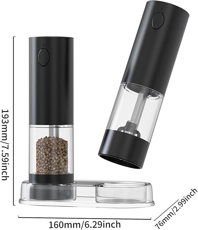 RECHARGEABLE - Electric Pepper and Salt Grinder Set, Adjustable Coarseness, With LED Light, One Hand Automatic Operation (A/Black)