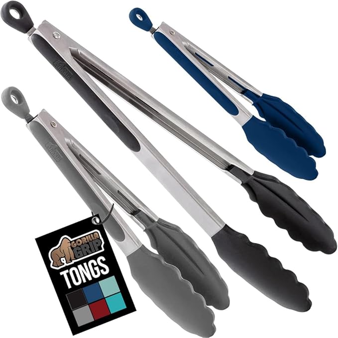 GORILLA GRIP Stainless Steel Heat Resistant Kitchen Tongs for Cooking, 7 + 9 + 12 Inch Set of 3 BBQ Tong, Non Scratch Silicone Tip for Pans, Strong Grip, Grab Food, Salad, Pull Lock, Black Gray Blue