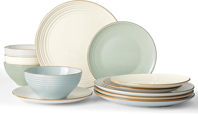 Famiware Jupiter Dinnerware Set, Plates and Bowls Dish Sets for 4 (12 Pieces), Microwave and Dishwasher Safe Stoneware Speckled Tableware, Chip and Scratch Resistant, Multi-color
