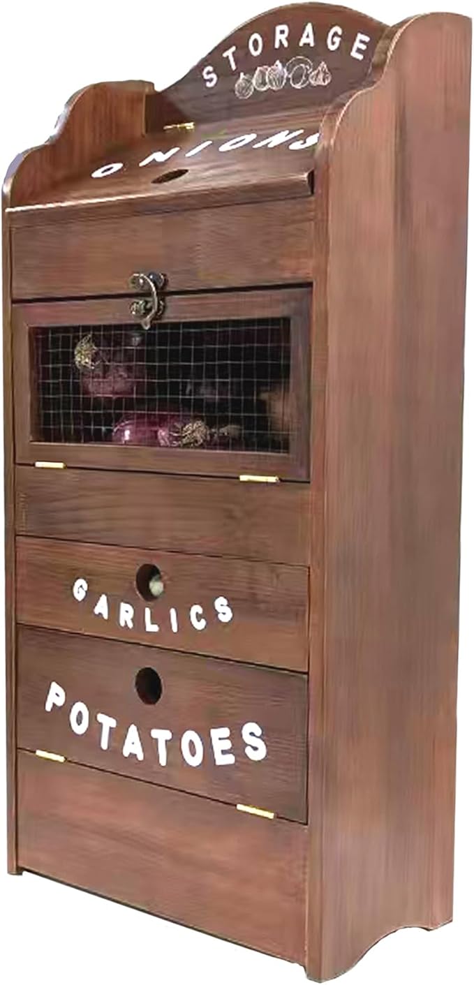 ARTAWEIN Pine Wood Veggie Bin for Potato, Onion and 1 Garlic Drawer Vegetable Box for Kitchen Storage, Solid Wood Vegetable Bin 13.77" L X 7.1" W X 29.3" H (Rustic Walnut)