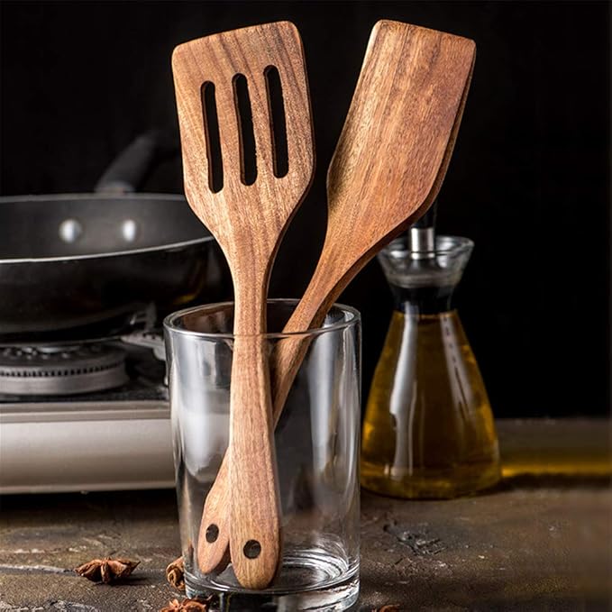 5 Pcs Best Wooden Spoons for Cooking Kitchen Utensils Set Acacia Wood Cooking Spatula Turner Non Toxic Utensil Slotted Serving Spoon Flat Spatulas Set Wooden Utensis Mixing Cooking Spoon Kitchen Tools